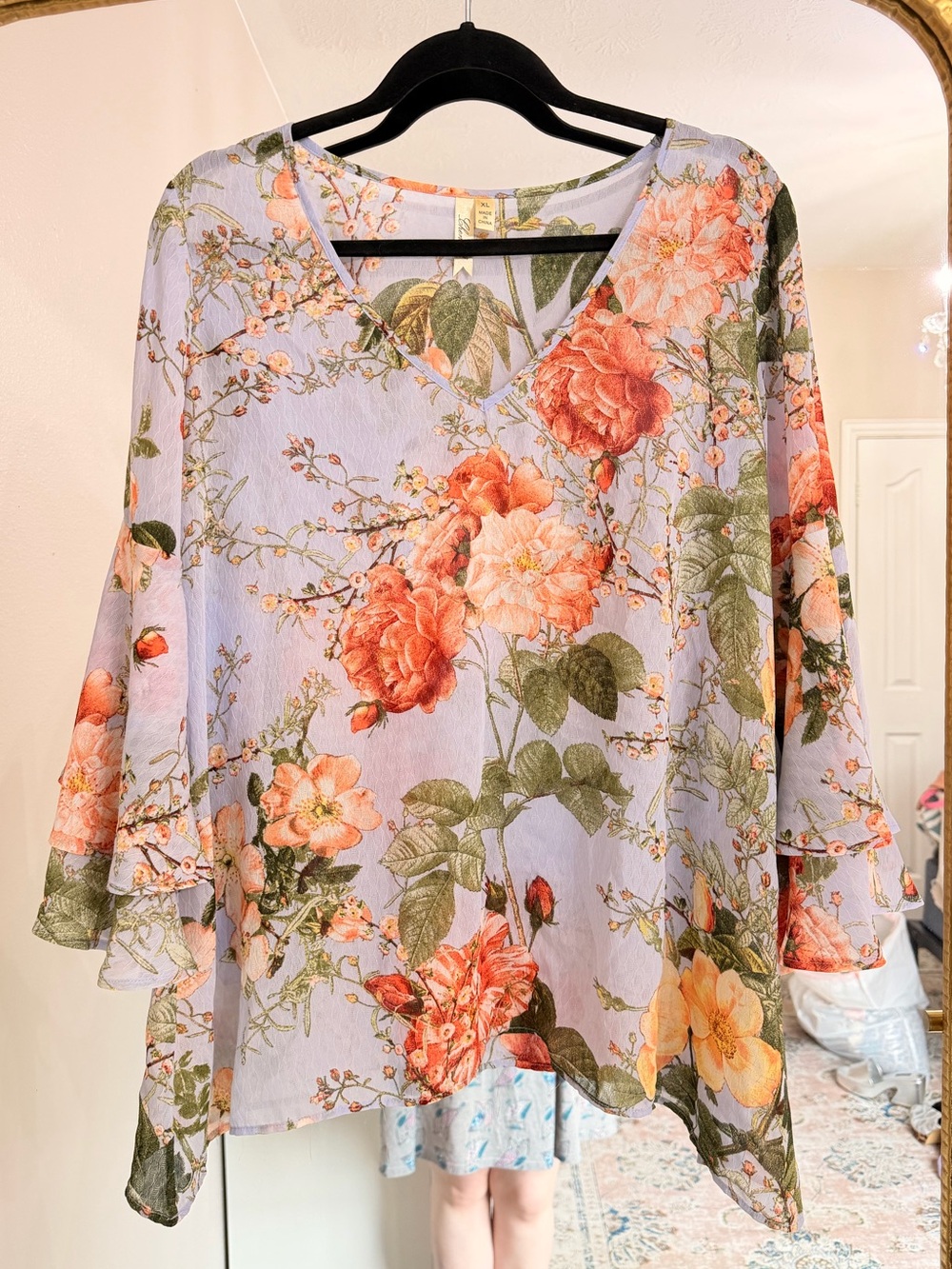 Chenault Lavender Floral V-Neck Blouse with Coral & Green Accents